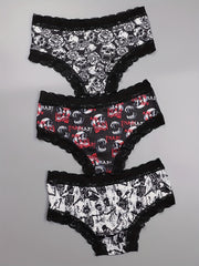 3-Pack Plus Size Gothic Panties Set Women's Skull Print Contrast