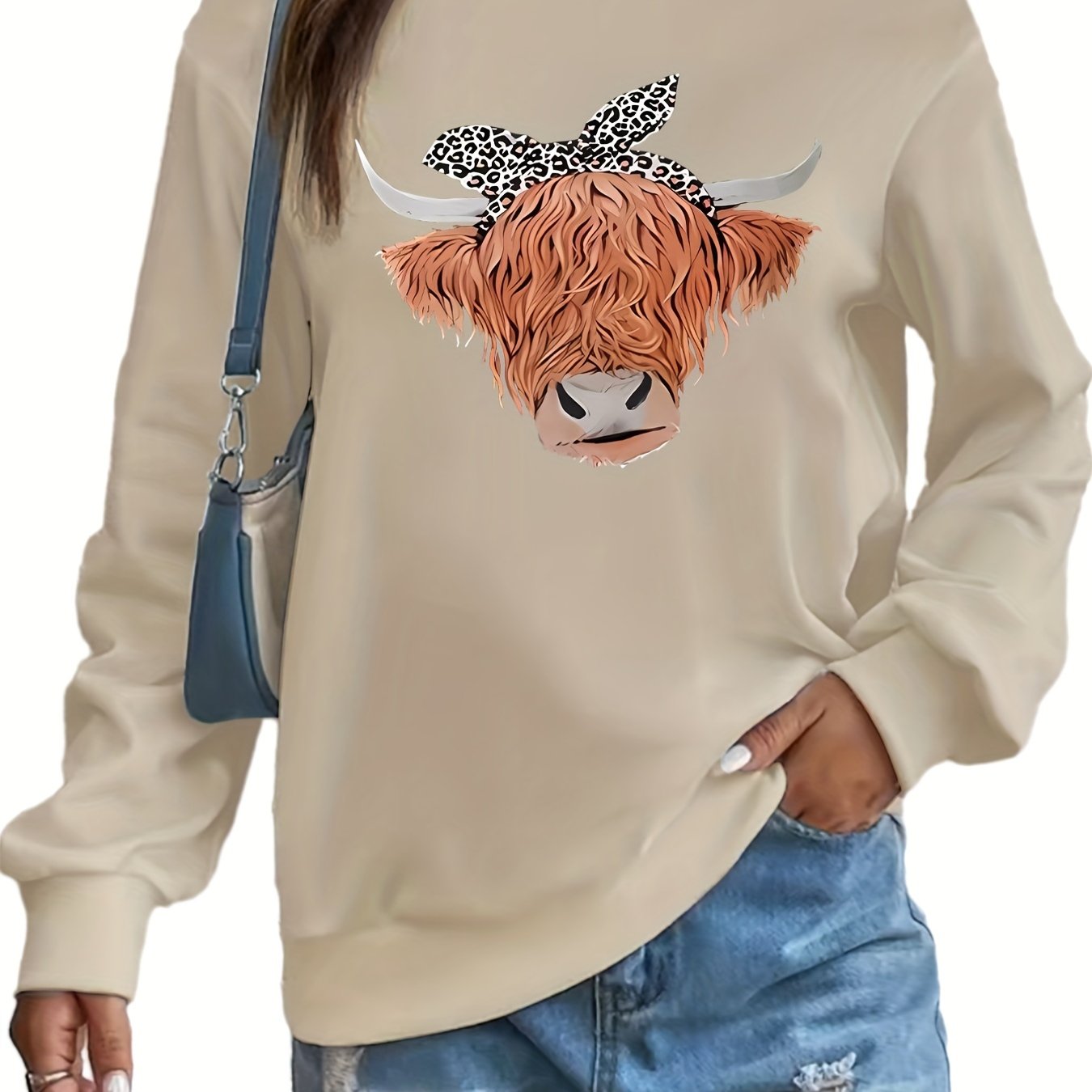 Cow Head Print Pullover Sweatshirt Crew Neck Casual Long Sleeve