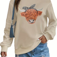 Cow Head Print Pullover Sweatshirt Crew Neck Casual Long Sleeve