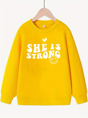 Girls Strong Smile Pattern Sweatshirt Round Neck Long Sleeve Top Pullover