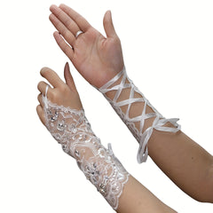 Pisiano Lace Up Gloves with Rhinestones and Sequins Fingerless Bridal Gloves