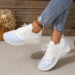 Glitter Sequins Platform Sneakers Lace Up Knit Shoes