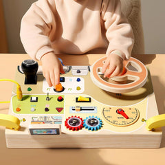 Dyzi Sensory Toy with Steering Wheel and LED Light Switches Wooden Busy Board
