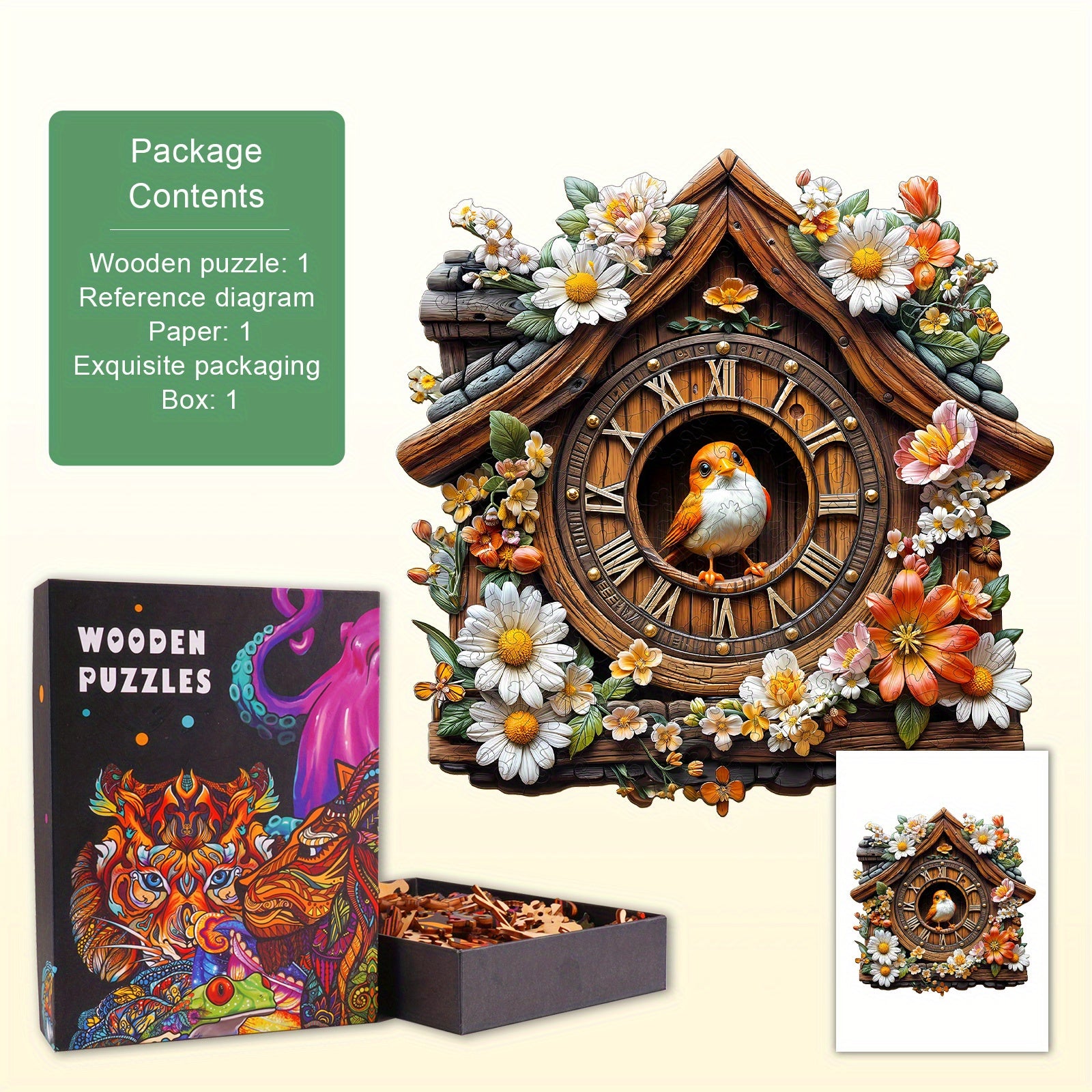 Bird Clock Wooden Puzzle Animal Shape Jigsaw Colorful Flowers & Bird Decorative