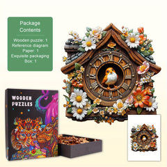 Bird Clock Wooden Puzzle Animal Shape Jigsaw Colorful Flowers & Bird Decorative