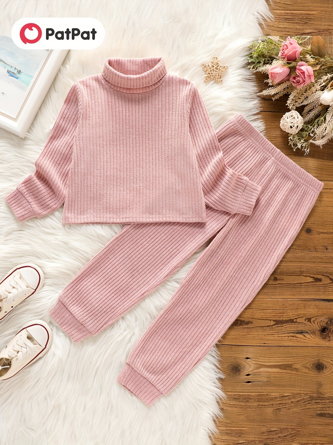 Toddler Girls Ribbed Sweater & Pants Set Turtleneck Long Sleeve Pullover Top