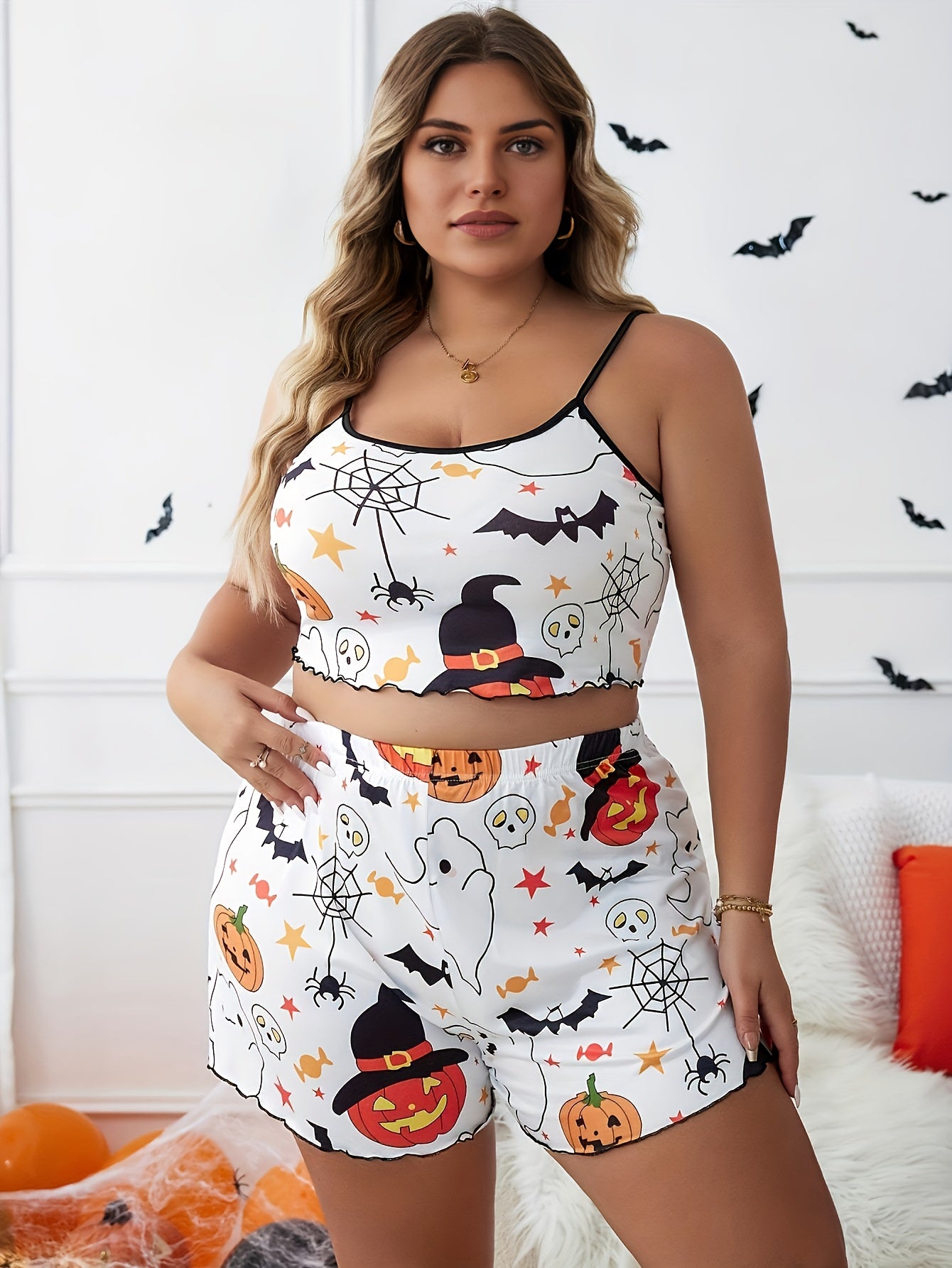 Gothic Pajamas Set Skull & Bat Print Crop Top & Shorts
