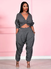 Solid Off Shoulder Crop Top & Pants Set Plus Size