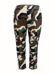 Women's Plus Colorblock Camo Zip Up Mock Neck Coat & Elastic Pants Set