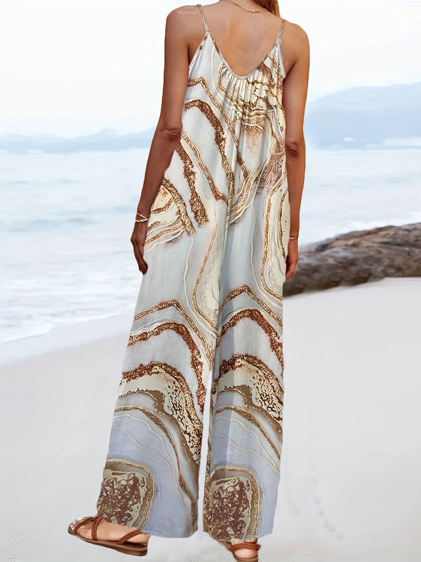 Marble Print Wide Leg Spaghetti Jumpsuit Sleeveless Casual Jumpsuit