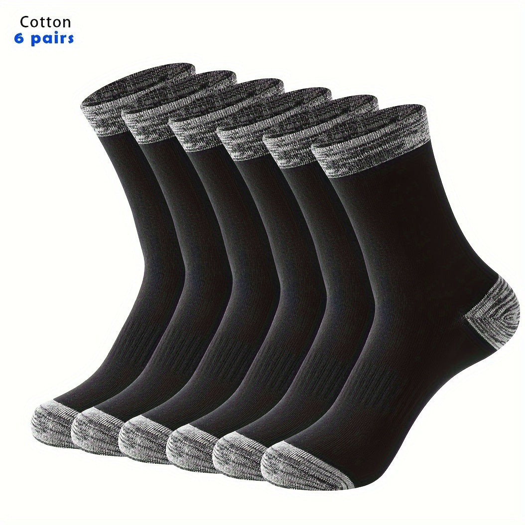 6 Pairs Men's Mid Crew Sport Block Socks, Cotton Blend, Sweat Absorbing