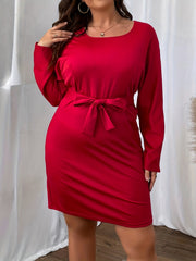 Solid Long Sleeve Round Neck Stretch Mini Belted Dress