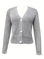 Long Sleeve Button Up Cardigan Solid V Neck Sweater Women's Clothing