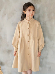 Girls Comfy Cotton Lapel Dress Thick Lantern Sleeve Button Up Dress