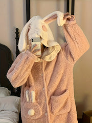 Bunny Fuzzy Night Robe Long Sleeve Ruffle Robe With Pockets