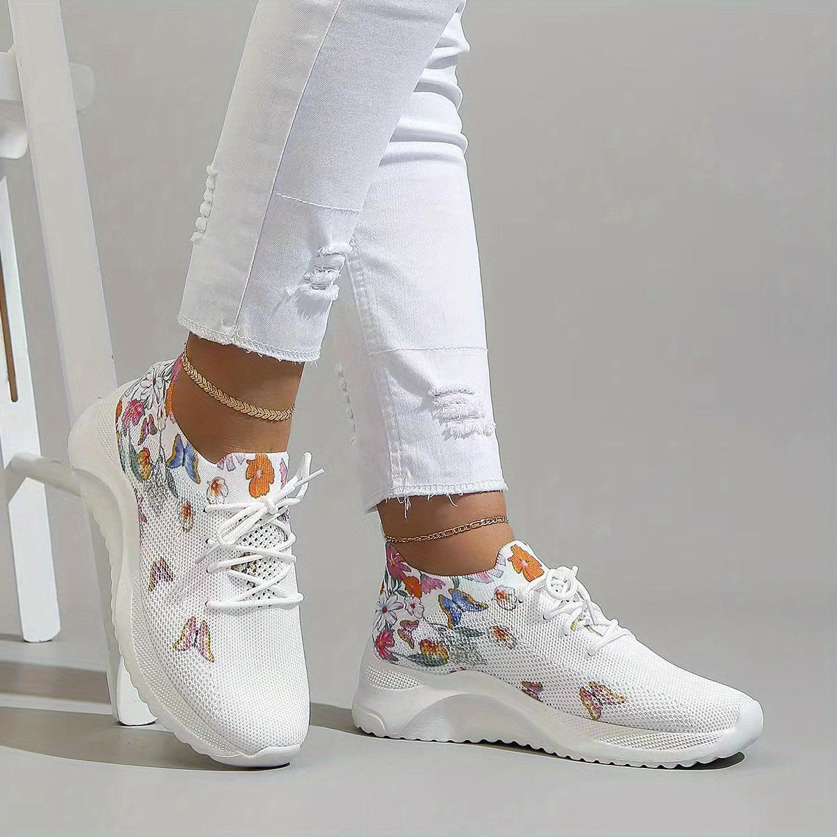 Flower & Butterfly Platform Sneakers Lace Up Shoes
