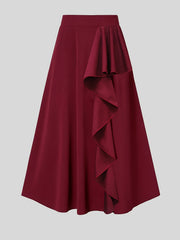 Solid Ruffle Trim Elastic Waist A line Skirt