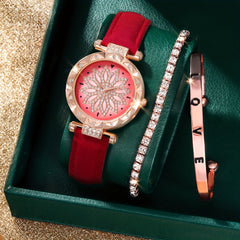 Red Quartz Watch & 2 Rose Bracelets Set for Kids