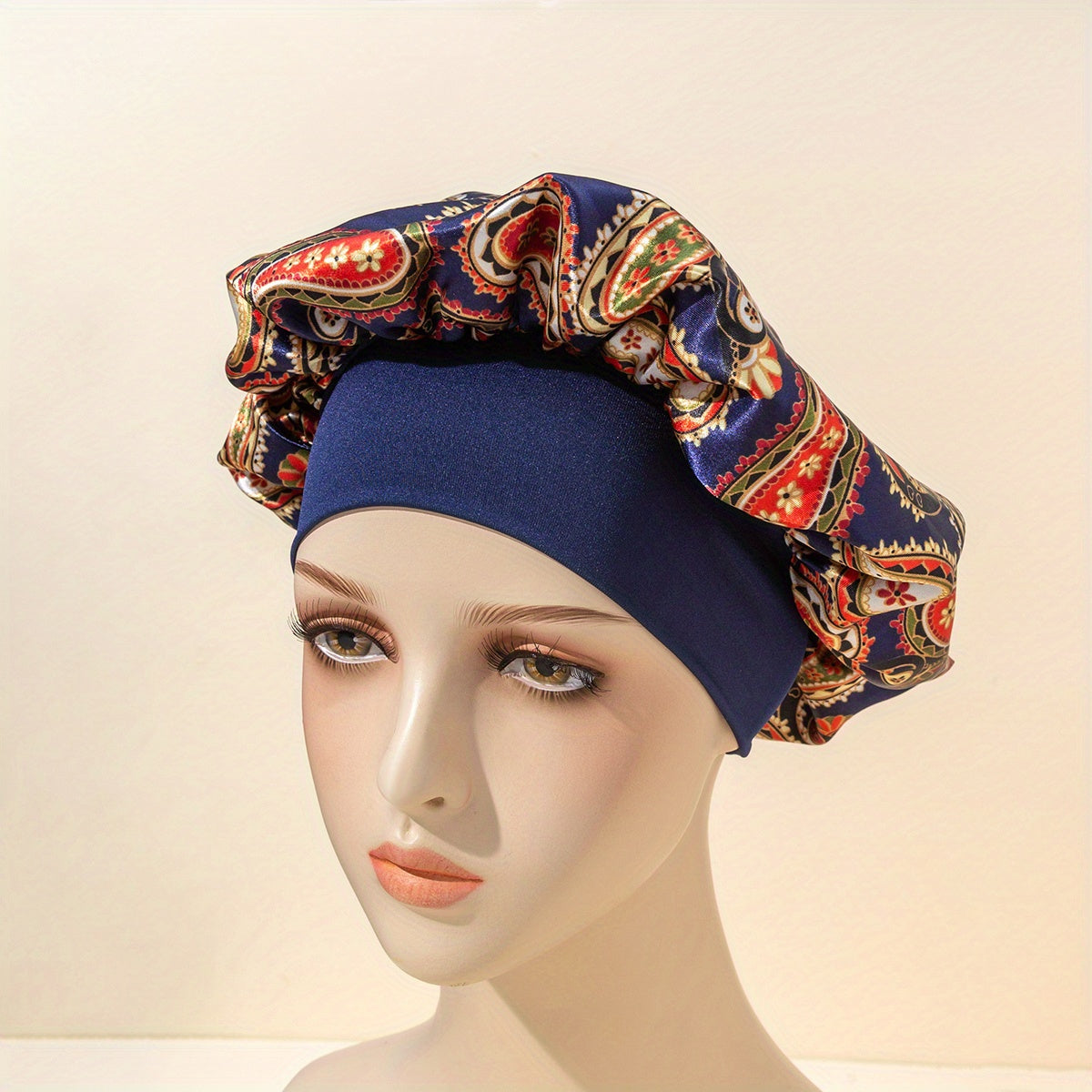 Paisley Print Satin Bonnet Navy Elastic Hair Bonnet Women Shower Cap
