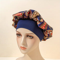 Paisley Print Satin Bonnet Navy Elastic Hair Bonnet Women Shower Cap