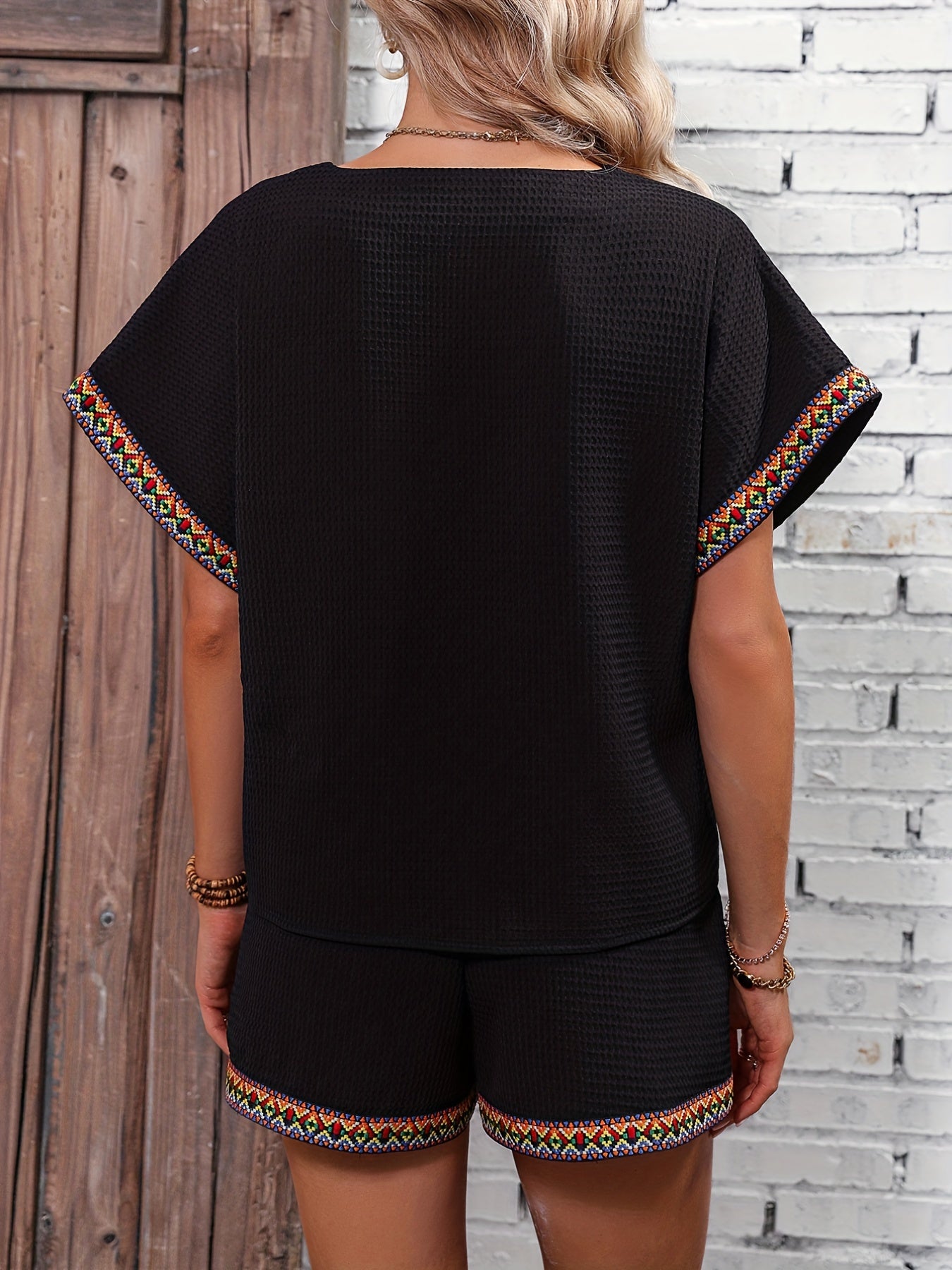 Ethnic Casual Two piece Set V Neck Short Sleeve Tee & Wide Leg Shorts