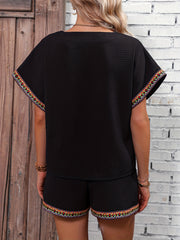 Ethnic Casual Two piece Set V Neck Short Sleeve Tee & Wide Leg Shorts