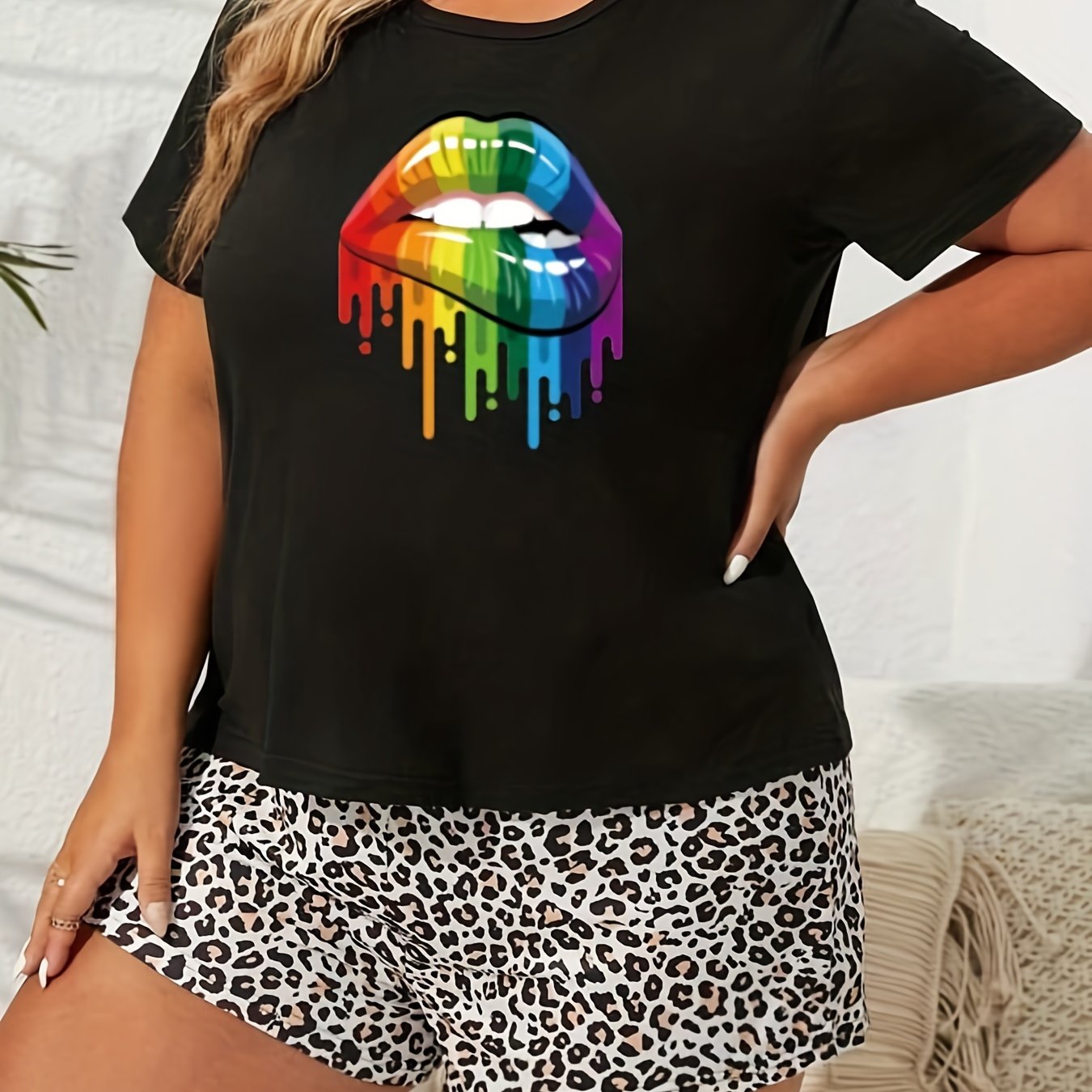 Rainbow Lip Print Short Sleeve Top & Leopard Print Shorts Pajama Set