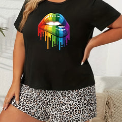Rainbow Lip Print Short Sleeve Top & Leopard Print Shorts Pajama Set