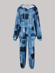 Women's Plus Denim Print Hoodie & Joggers Set