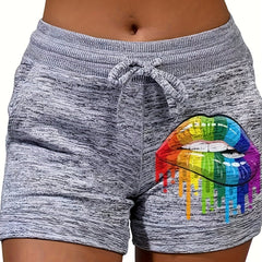 Rainbow Mouth Pattern Drawstring Shorts Casual Dual Pockets Shorts