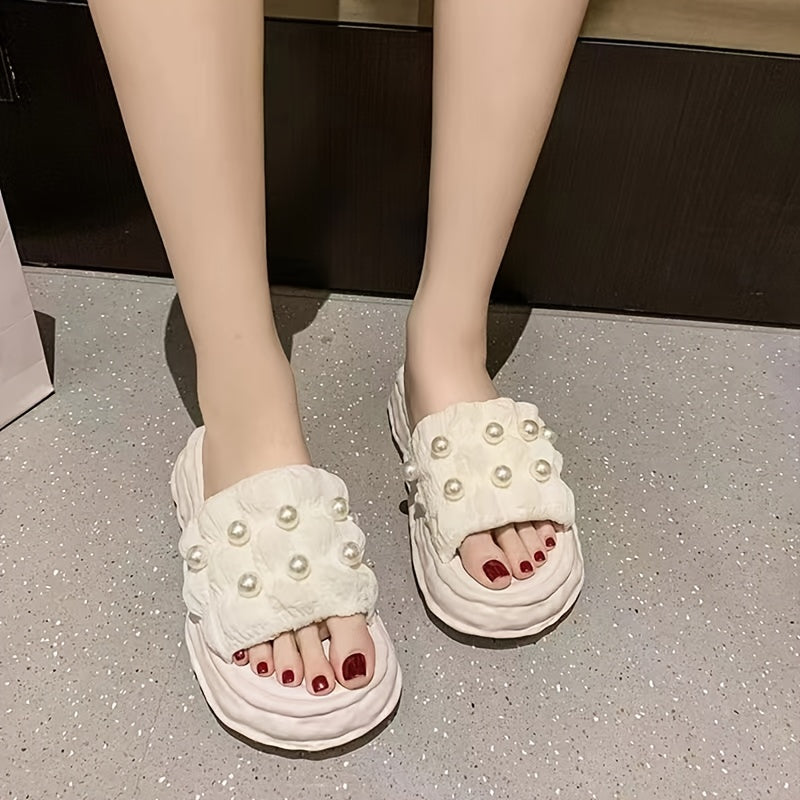 Ruched Faux Pearl Slippers Platform Comfy Indoor & Outdoor Slides