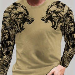 Wolf Pattern Print Men's Graphic Long Sleejson formatves Crew Neck T shirt