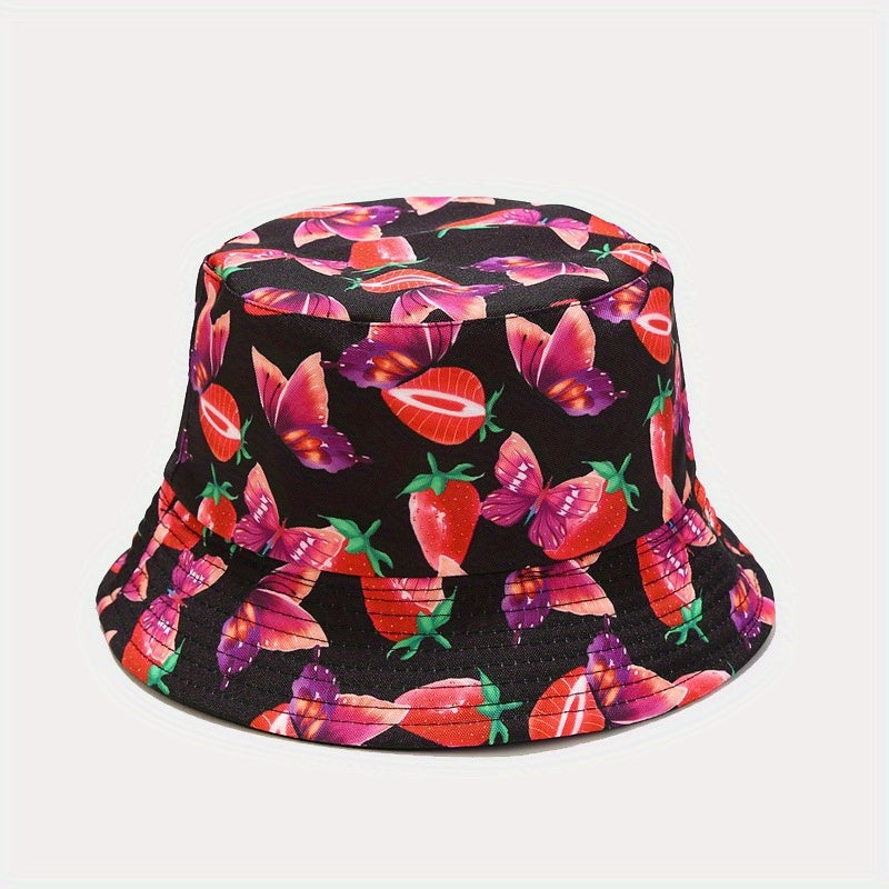 Strawberry Butterfly Print Bucket Hat Reversible Cartoon Fisherman Cap