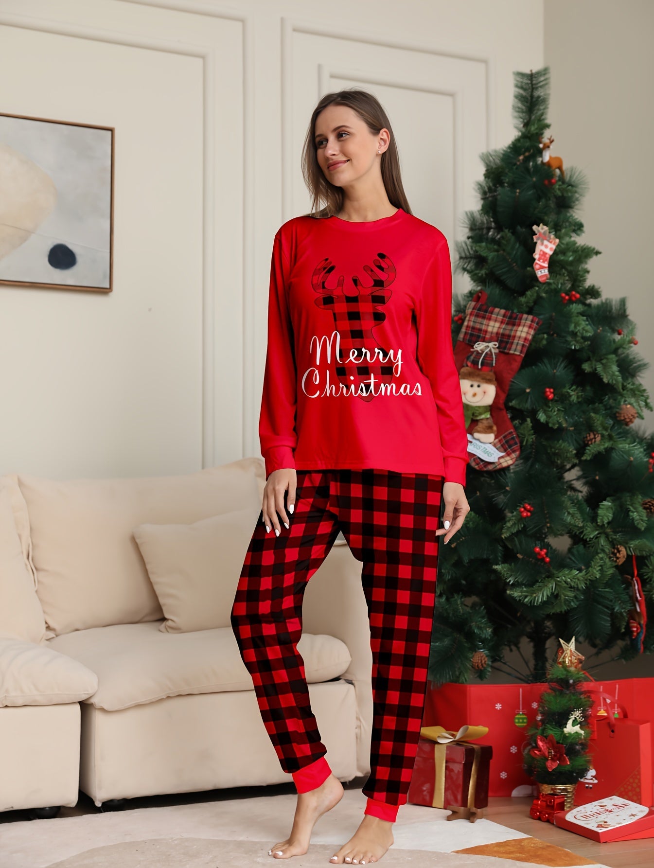 Christmas Pattern Pajama Set Long Sleeve Top & Pants Women's Sleepwear