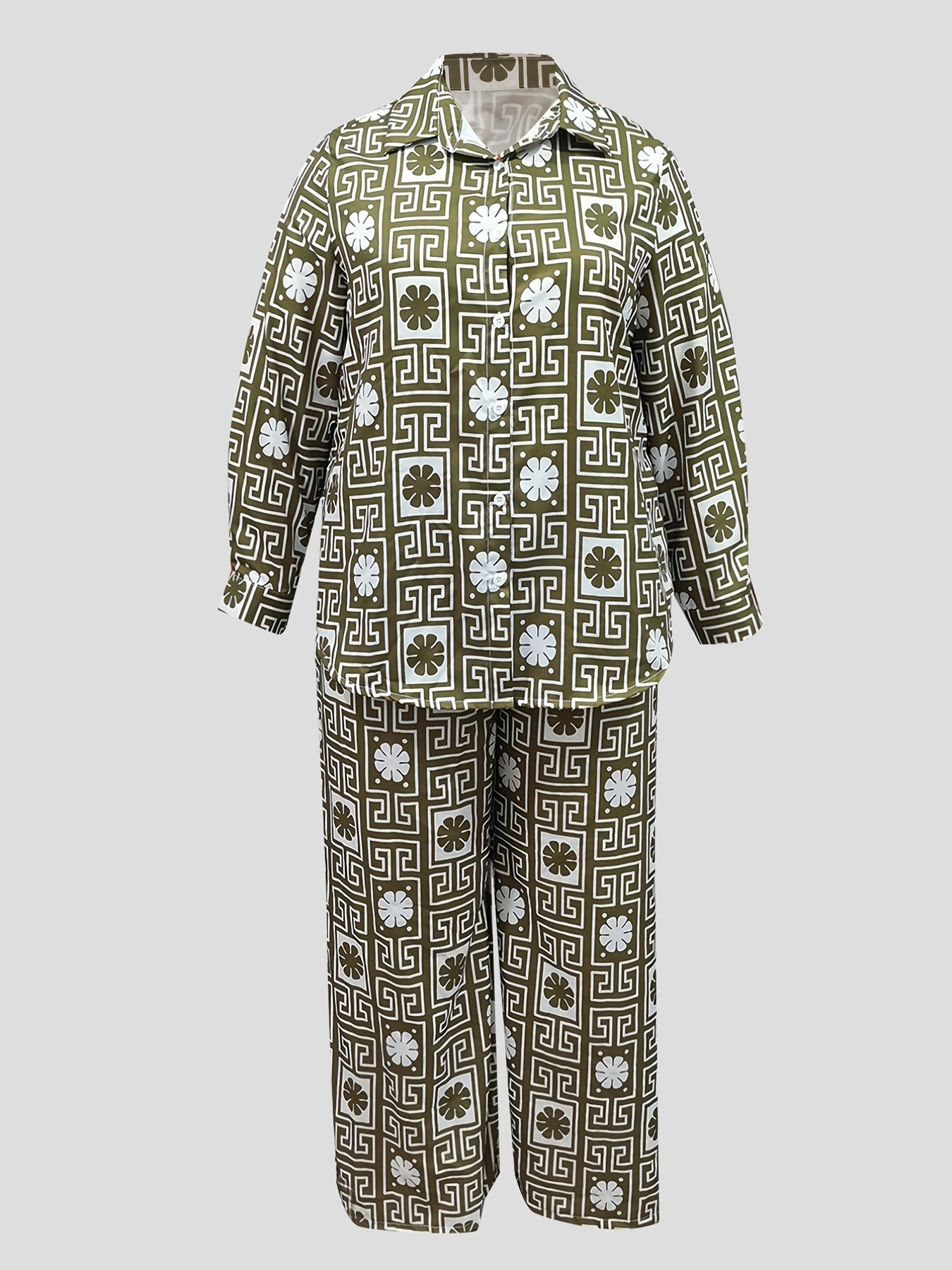 Greek Print Button Up Blouse & Wide Leg Pants Set