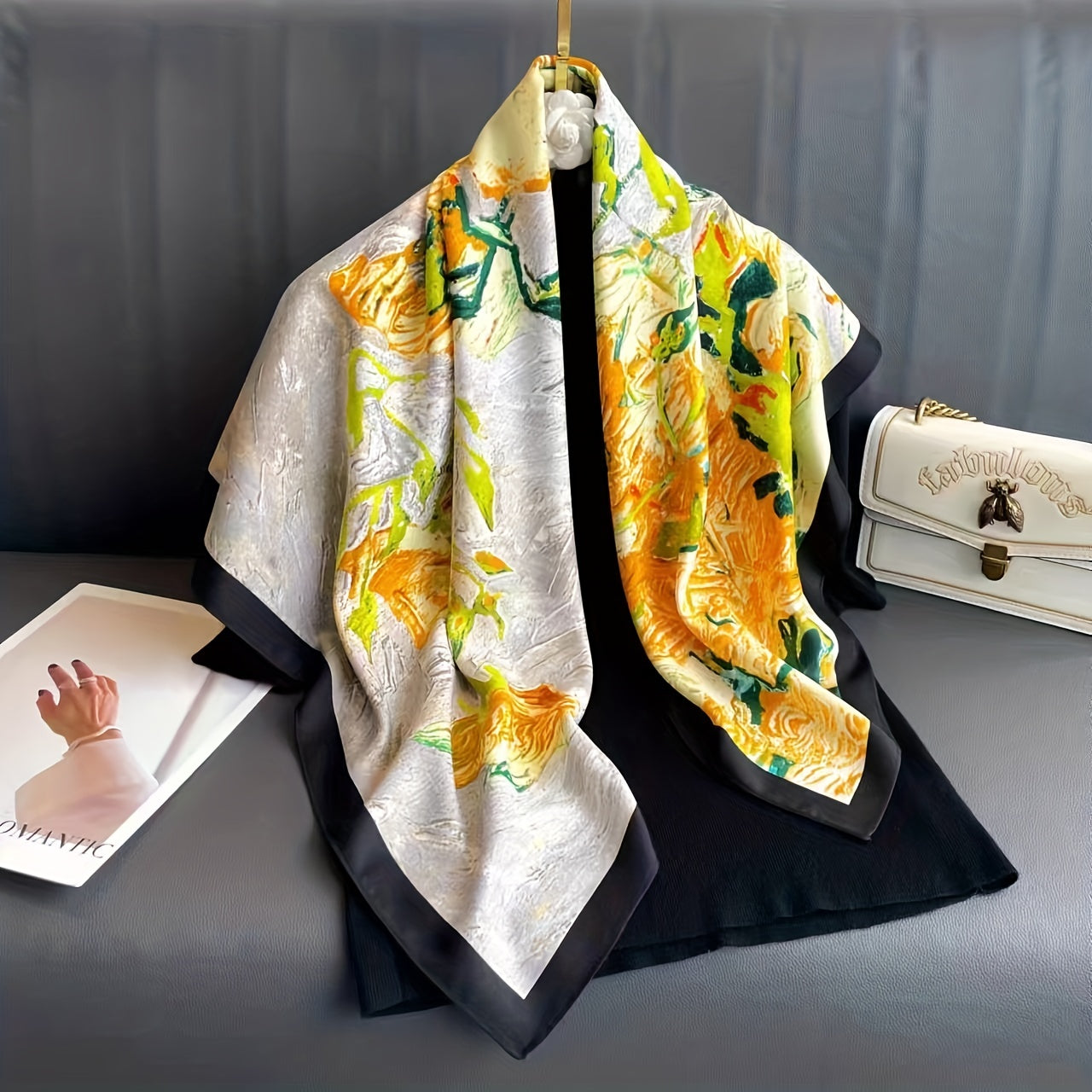 Flower Print Square Scarf Oil Painting Silk Shawl Women Head Wrap Satin