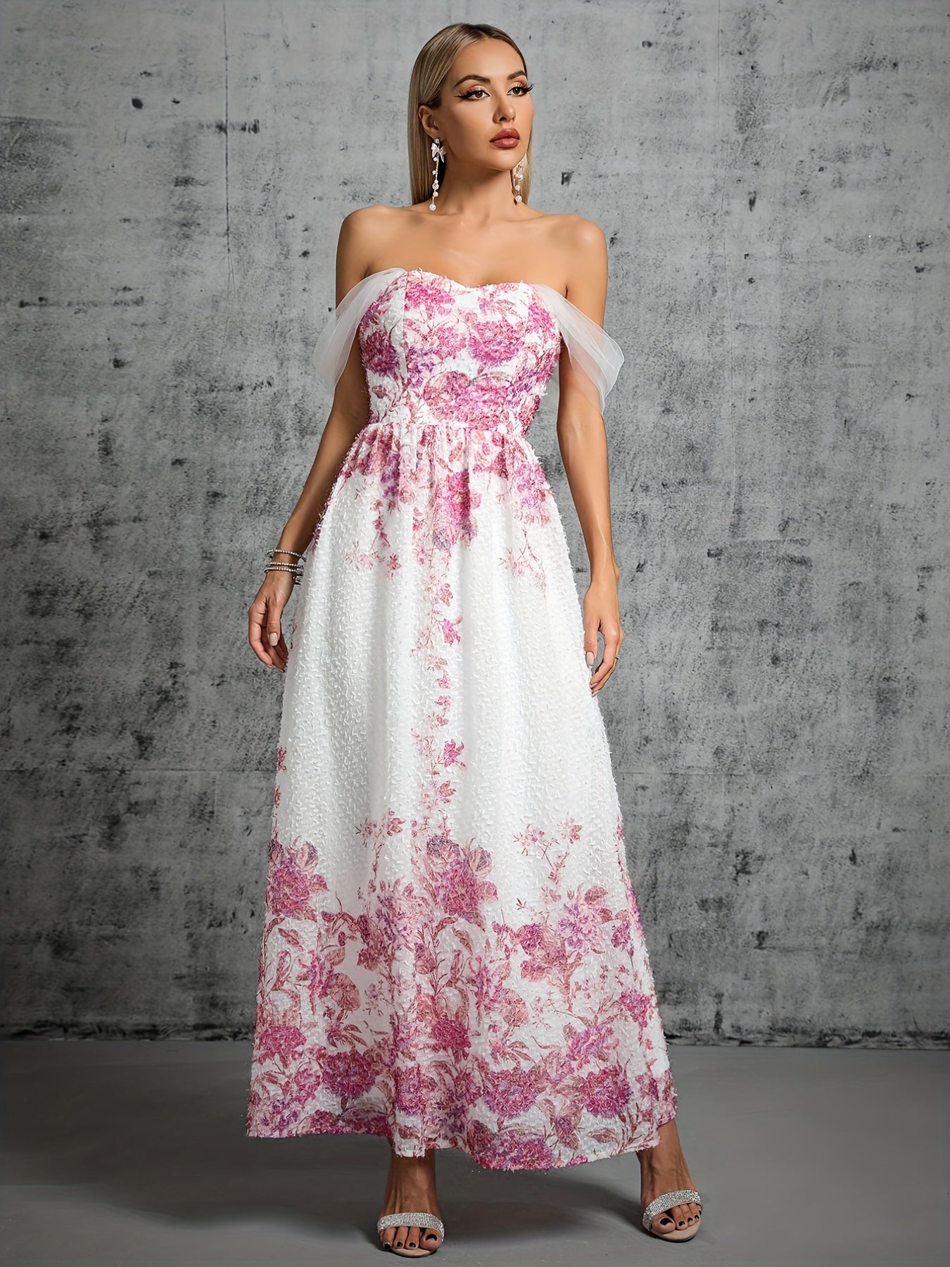 Off Shoulder Floral Print Bridesmaid Dress Wedding Party Dress