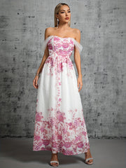 Off Shoulder Floral Print Bridesmaid Dress Wedding Party Dress