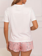 Cat Print Lounge Set Top & Shorts Lace Up Women's Pajamas
