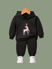 Reindeer Print Outfits 2pcs Girls Hoodies Jogger Pants Set For Sports