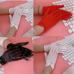Faux Pearl Decor Satin Gloves Solid Elastic Gloves Wedding Bridal Dress Gloves