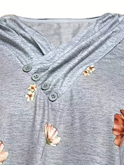 Floral Print Button Front Sweatshirt V Neck Long Sleeve