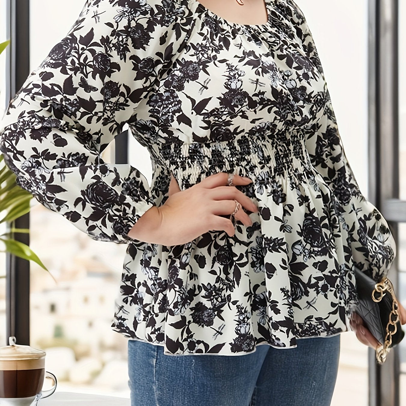 Floral Lantern Sleeve Peplum Top Square Neck Plus Size
