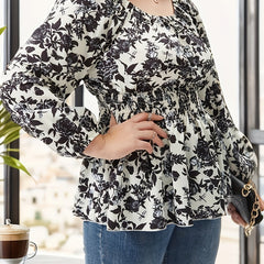 Floral Lantern Sleeve Peplum Top Square Neck Plus Size