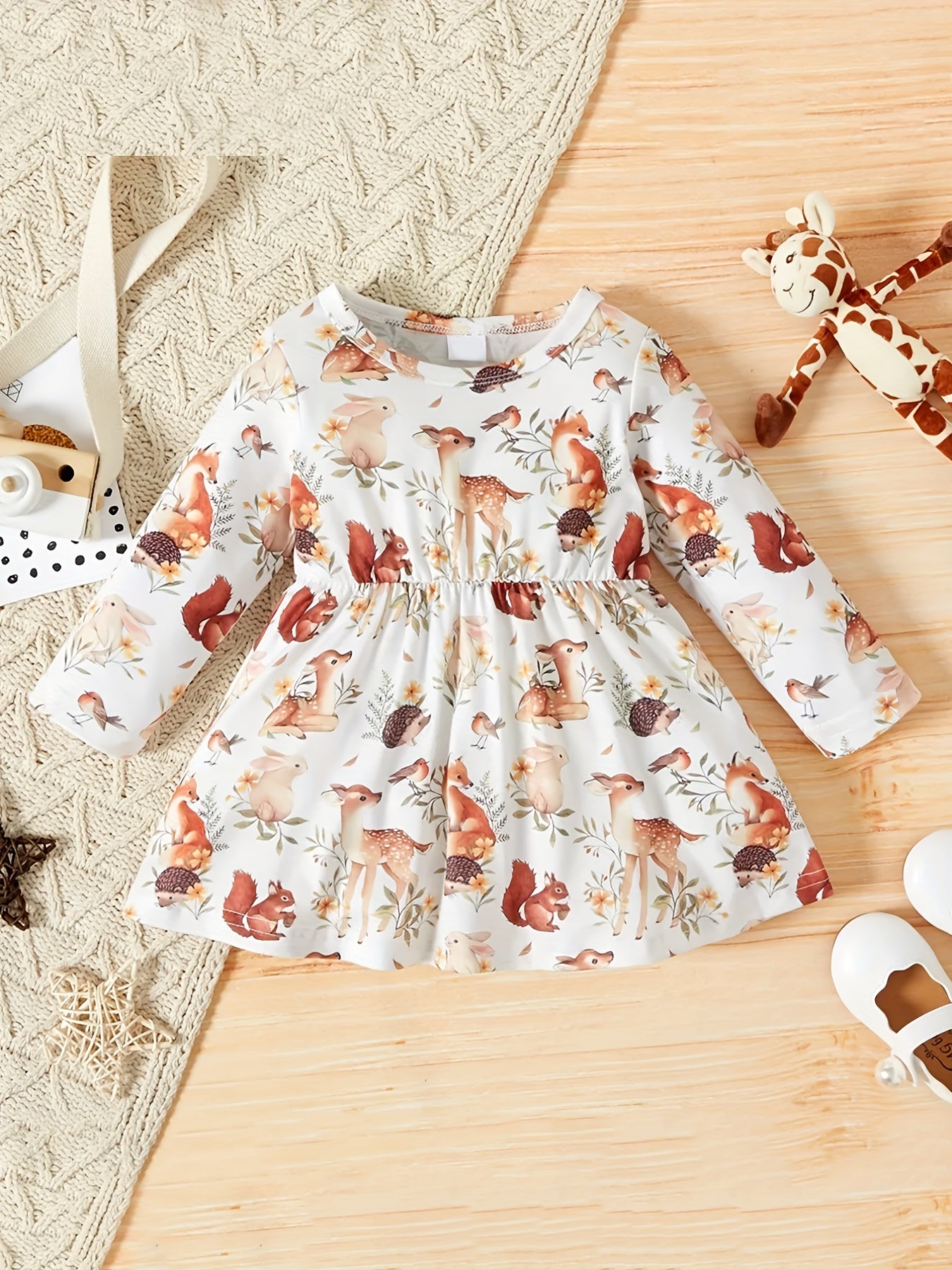 Baby Girl's Animal Print Long Sleeve Dress Kid's Pleated Dress