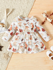 Baby Girl's Animal Print Long Sleeve Dress Kid's Pleated Dress