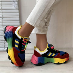 Women's Rainbow Chunky Sneakers Lace-Up Low Top Sports Shoes