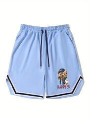 Men's Teddy Bear Graphic Bball Shorts Drawstring Stretch Waistband