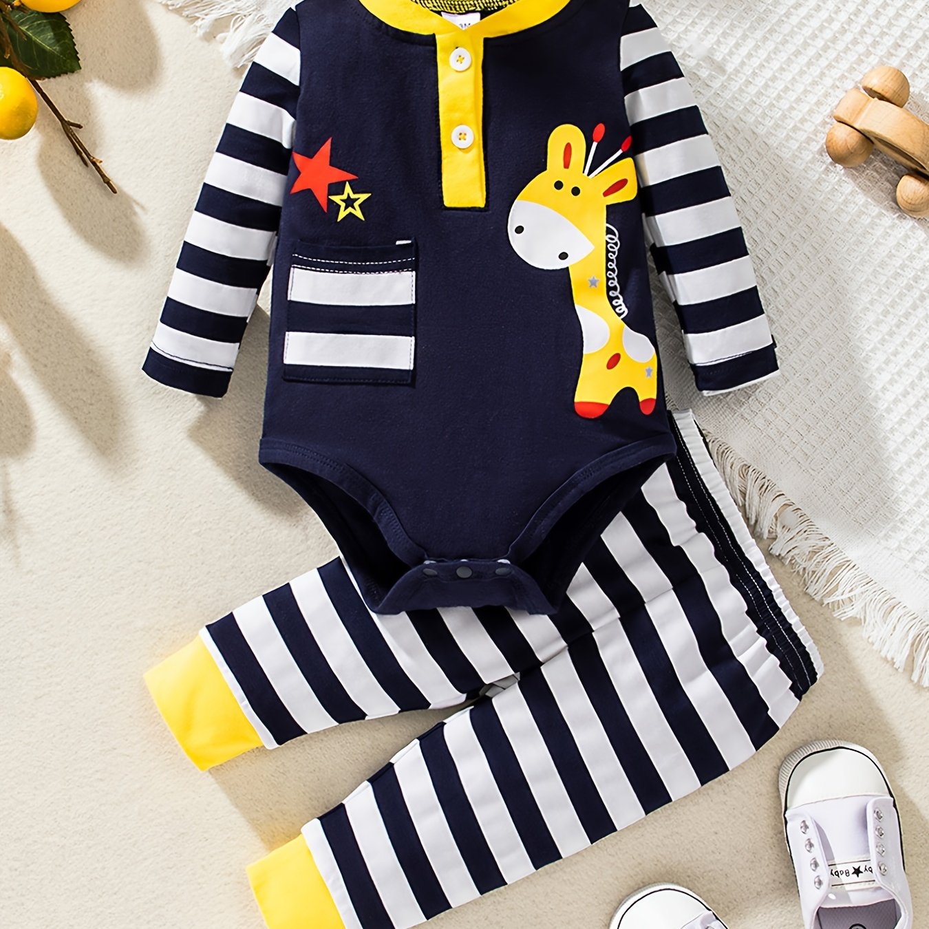 Deer Pattern Romper Striped Pants Set Baby Layette