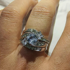 Classic Silver Stainless Steel Matching Ring With Sapphire Zircon Size 5-11